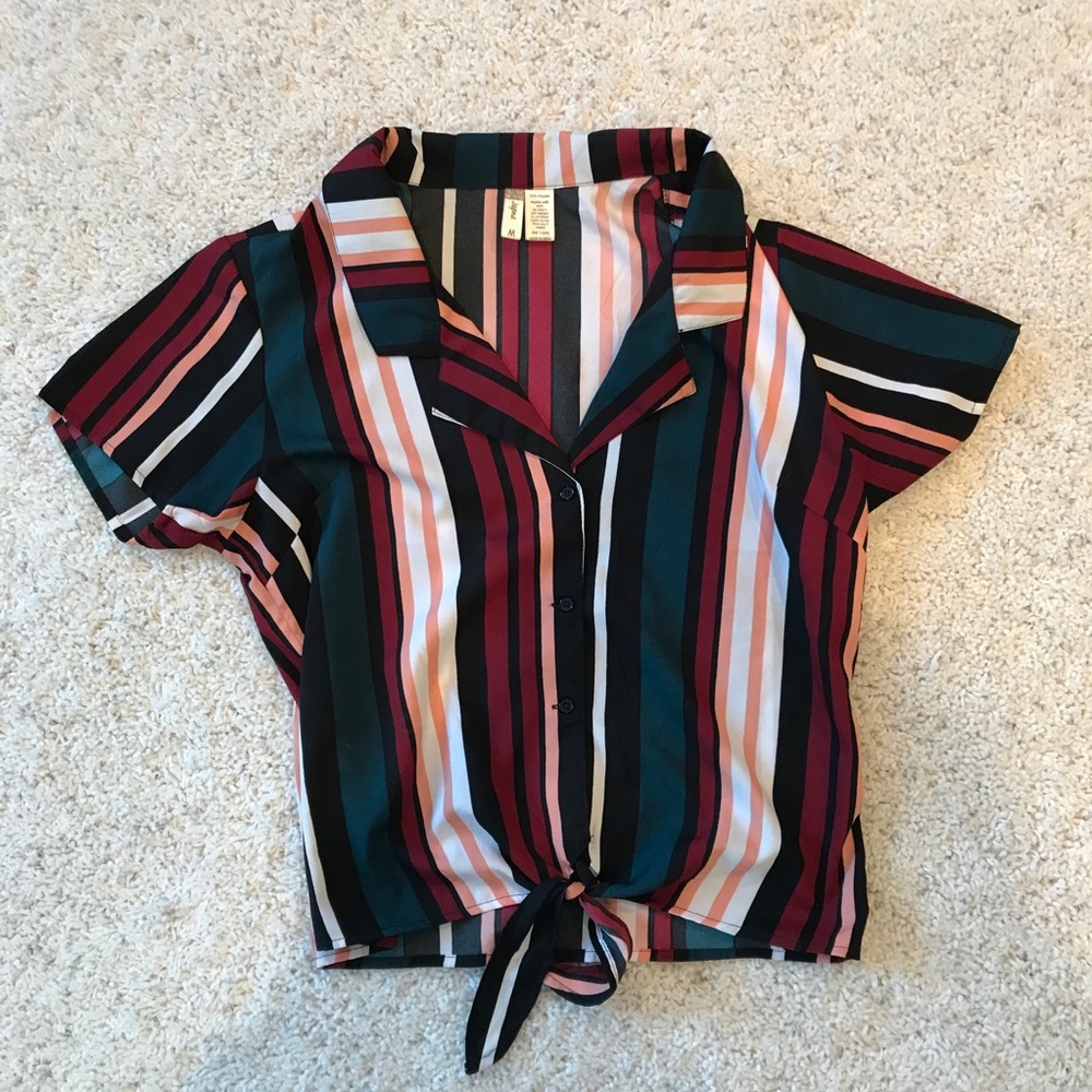 3/$20 Japna Retro Striped Tie Button Down Crop